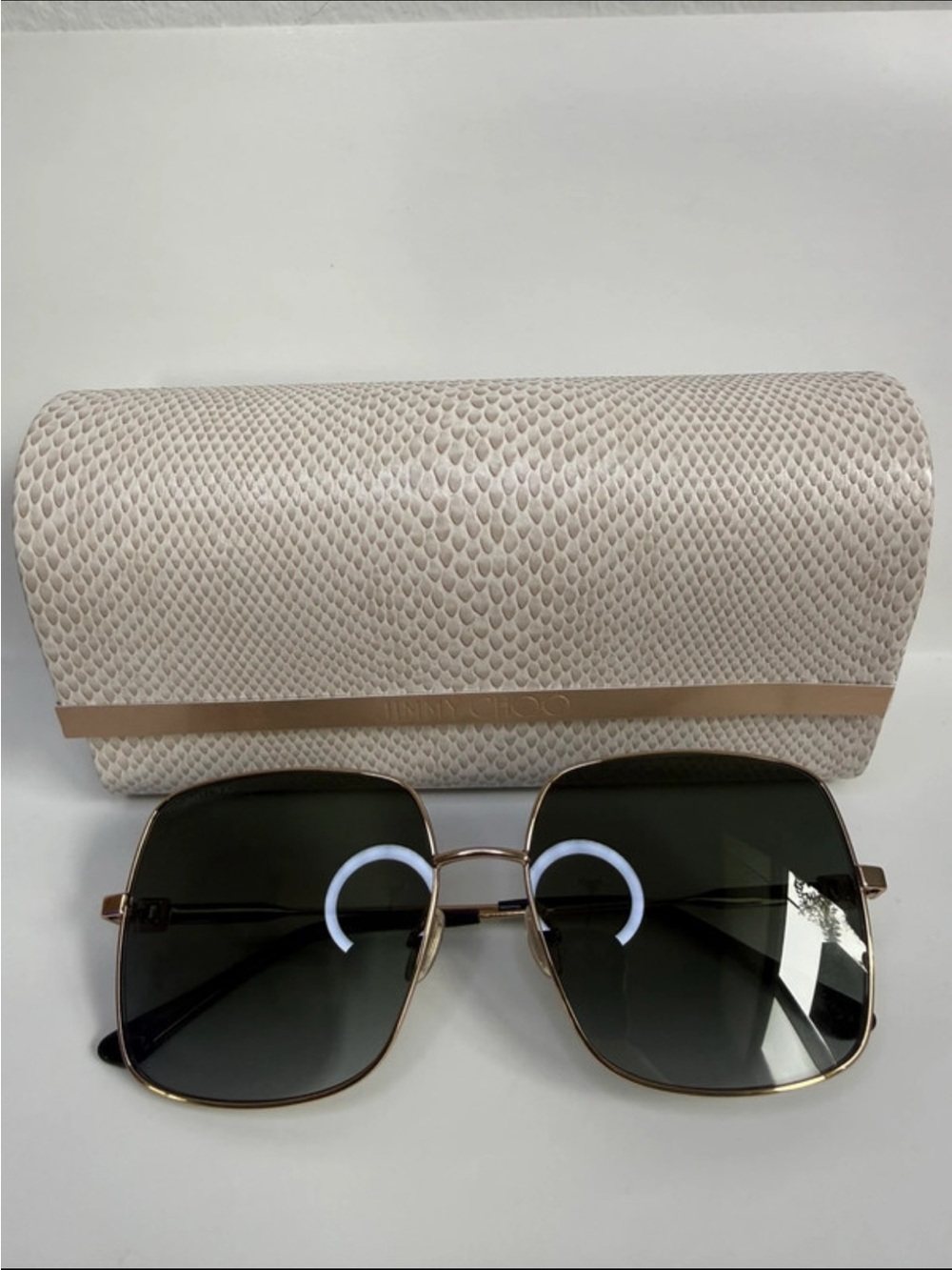 Jimmy Choo Gold Metal Frame Sunglasses with Dark Green Lenses and Cream Case